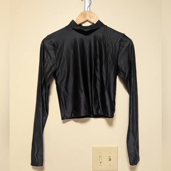 Babaton Tops - Babaton by Aritzia Black Satin Long Sleeve Mock Neck Blouse – Size M
